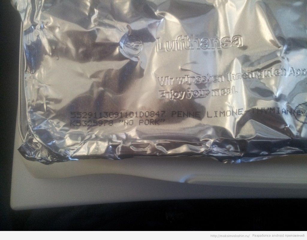 Lufthansa. Dinner in airplane. No pork